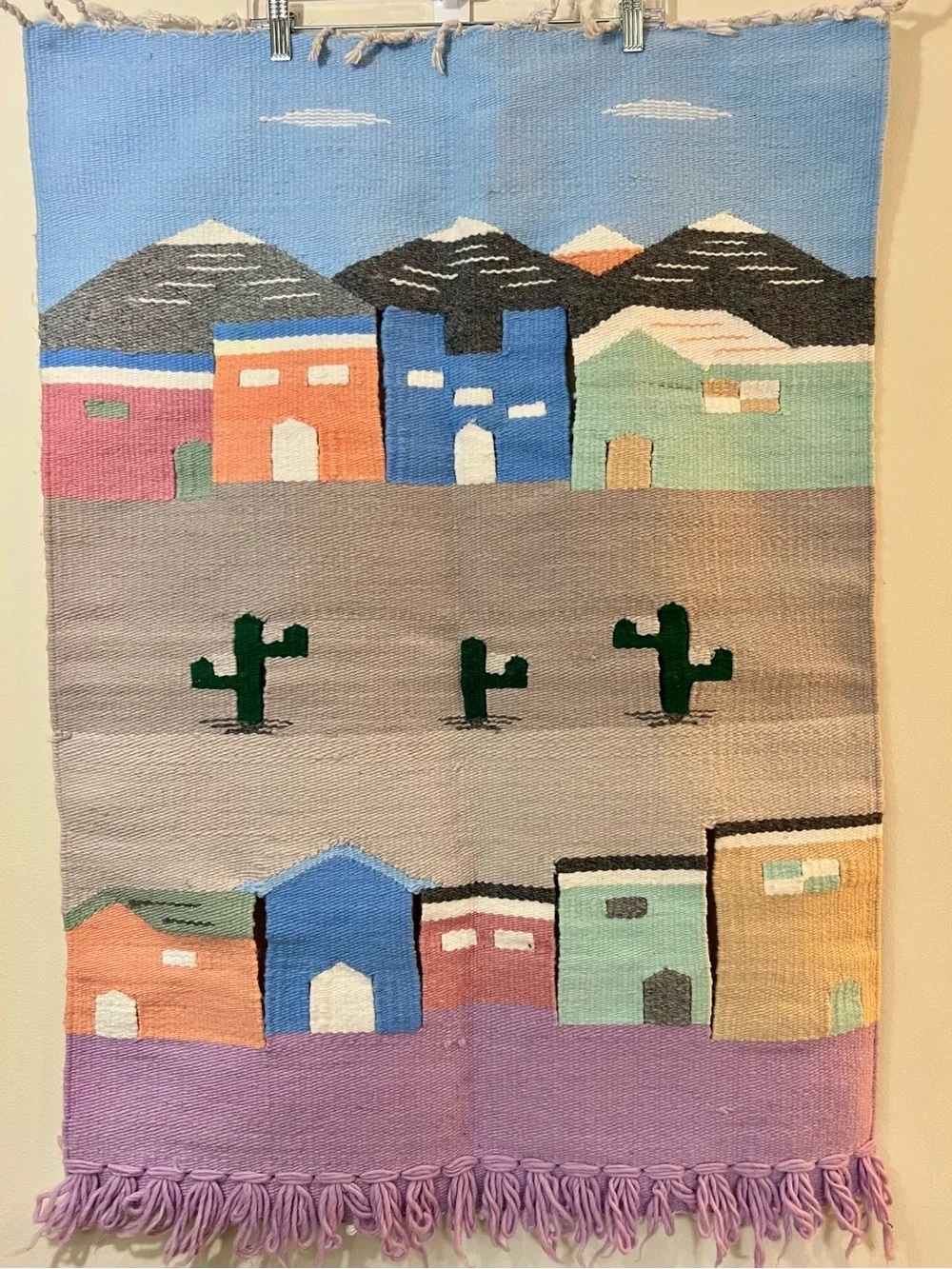 Vintage Hand Woven 3-D Mexican Village Tapestry Southwest Rug Wall Hanging